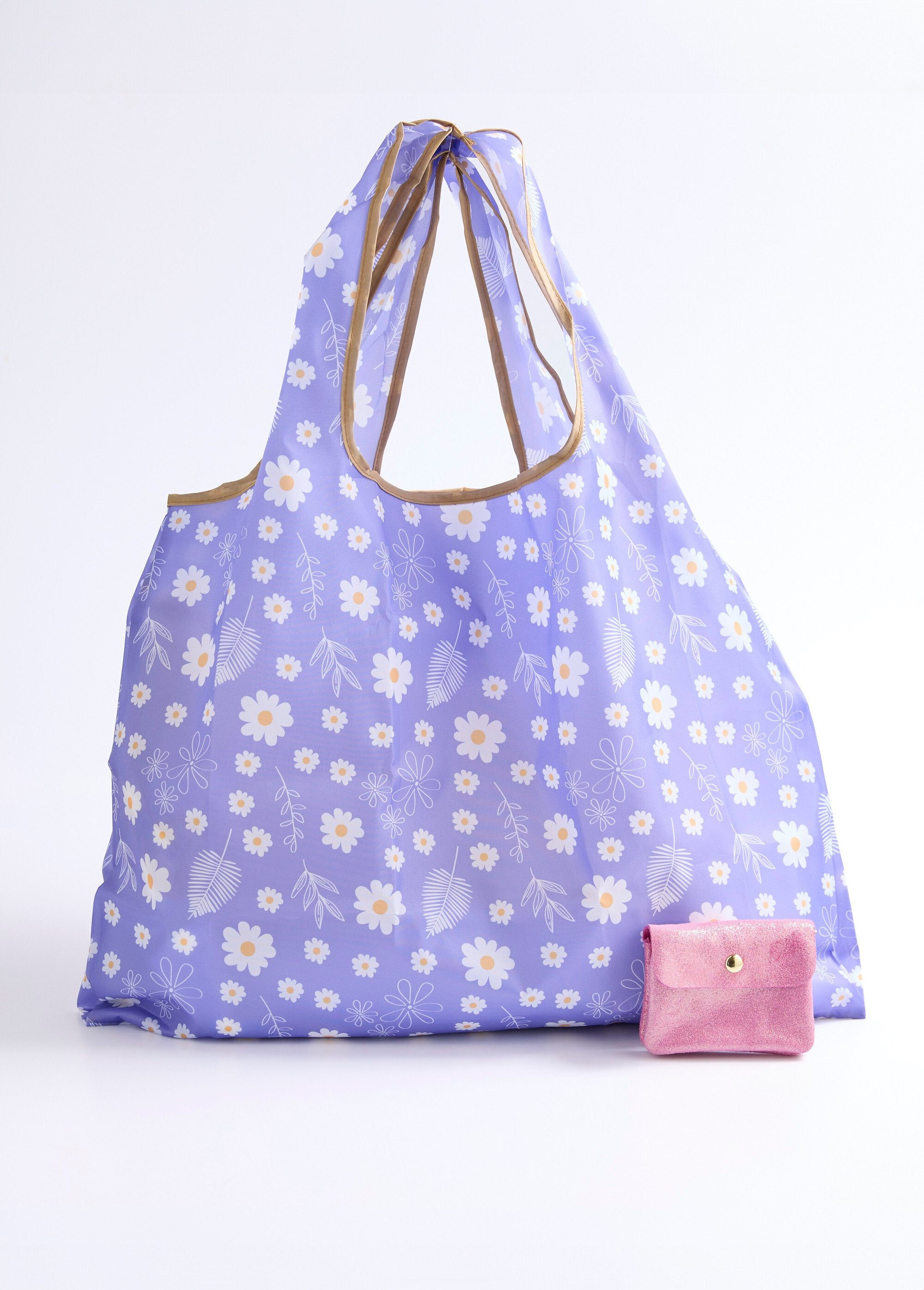 Foldable_shopping_bag,_daisy_print_Purple_FA1_slim