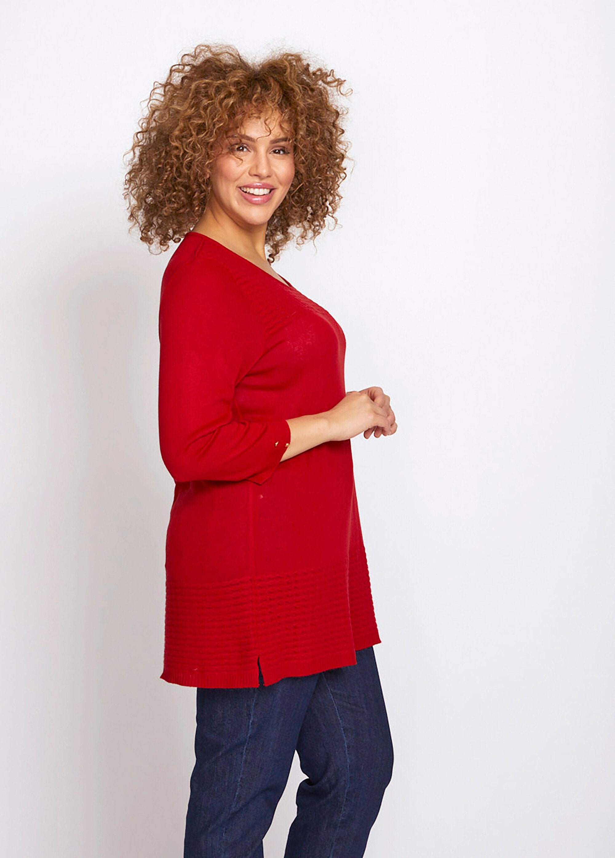 3/4_sleeve_fancy_knit_tunic_sweater_Carmine_DR1_curvy
