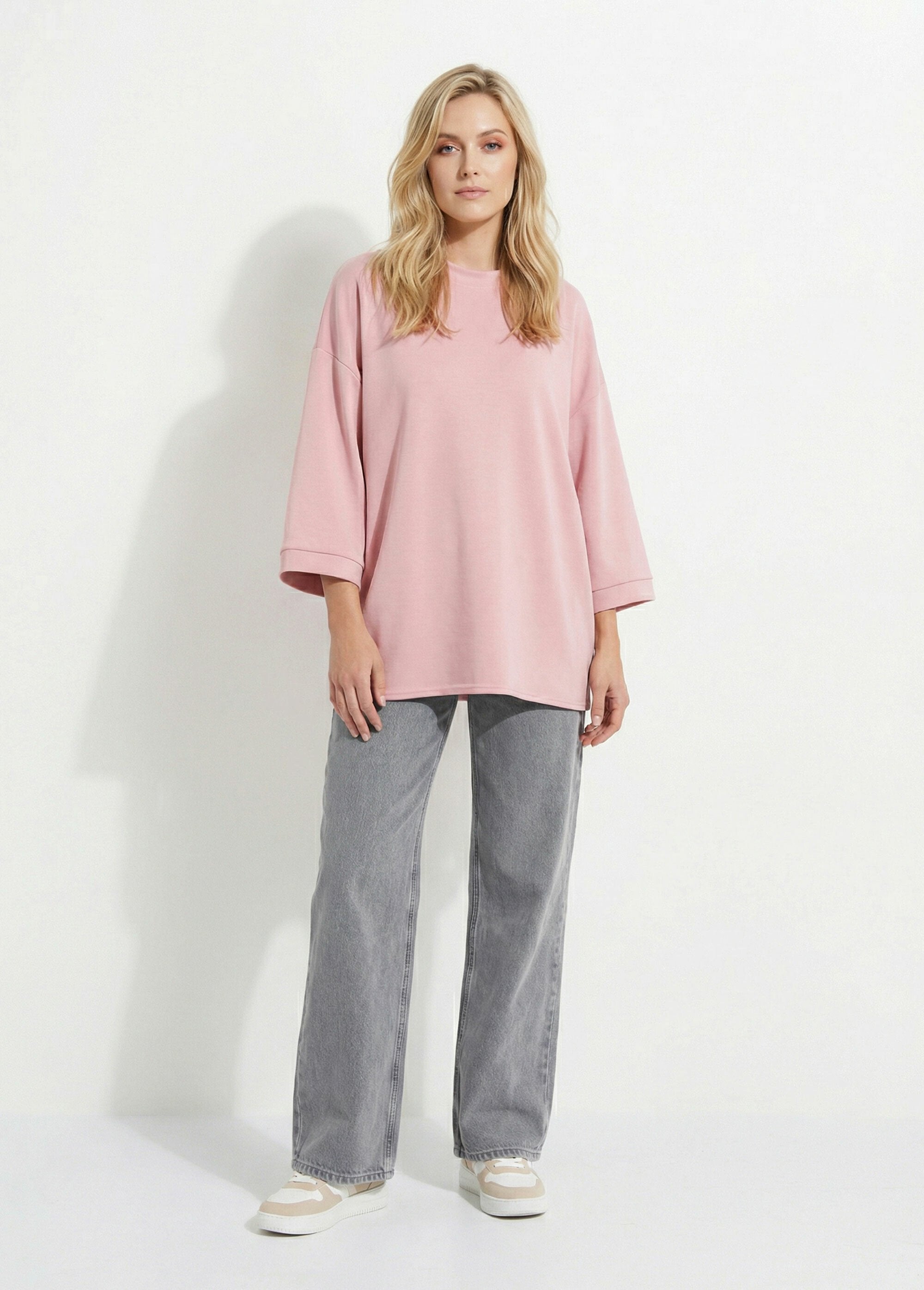 Sweat_shirt_large_col_rond,_manches_3/4_Rose_clair_SF1_slim