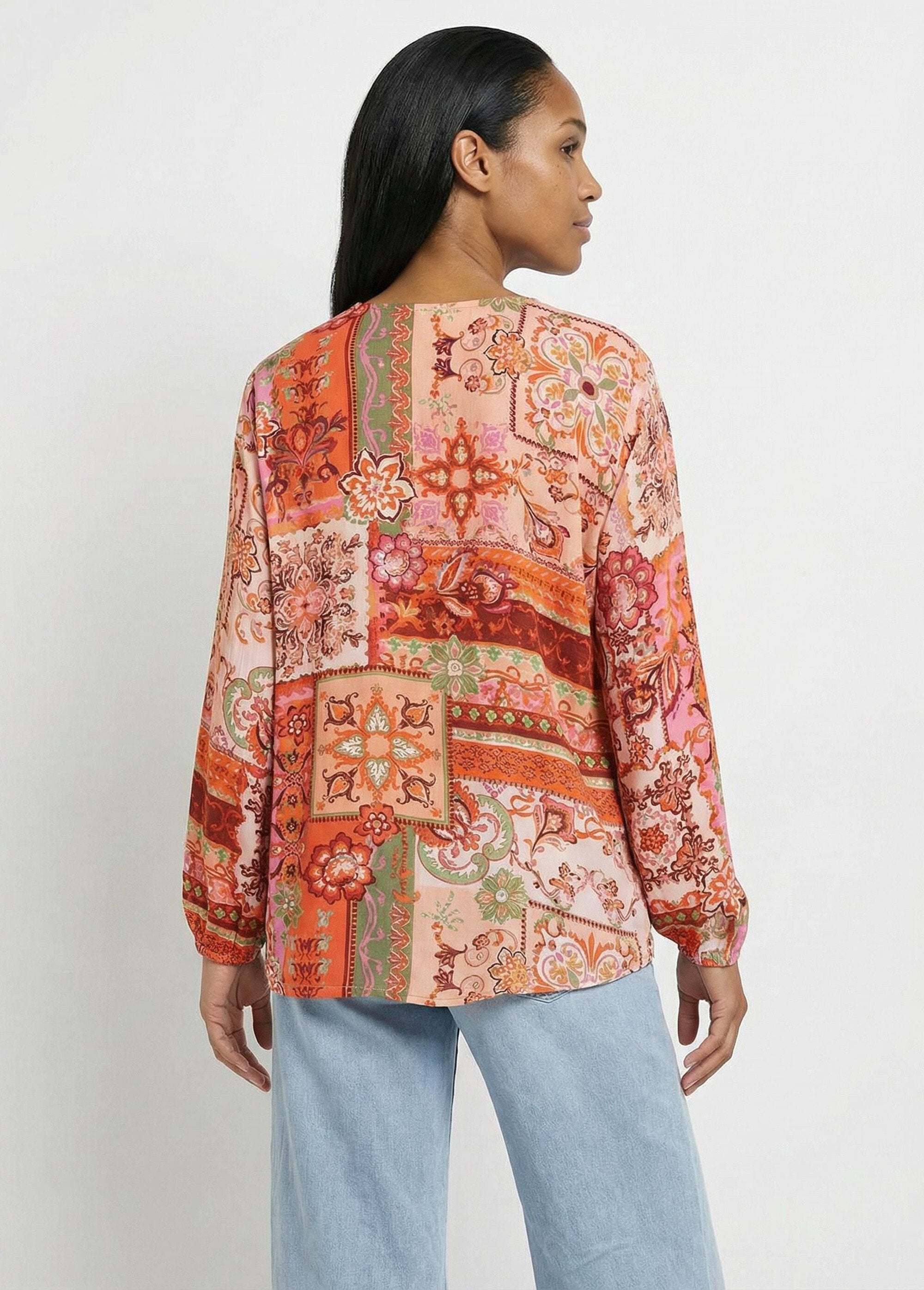 Long_tunic_with_V-neck_and_patchwork_print_voile_Orange_and_ecru_DO1_slim