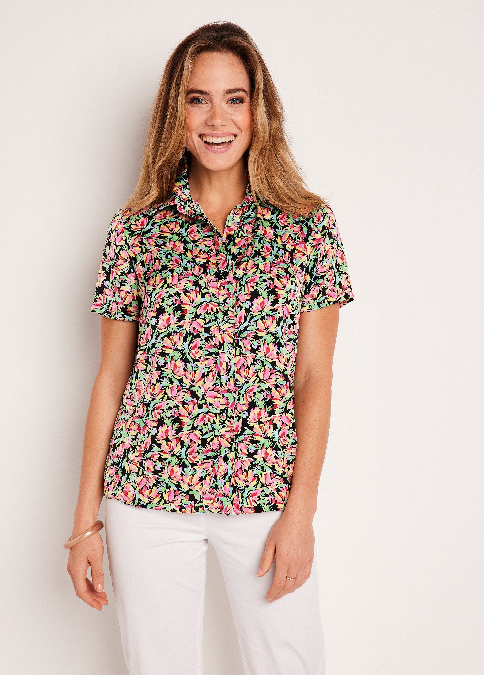 Short-sleeved_floral_satin_blouse_Green_and_pink_FA1_slim