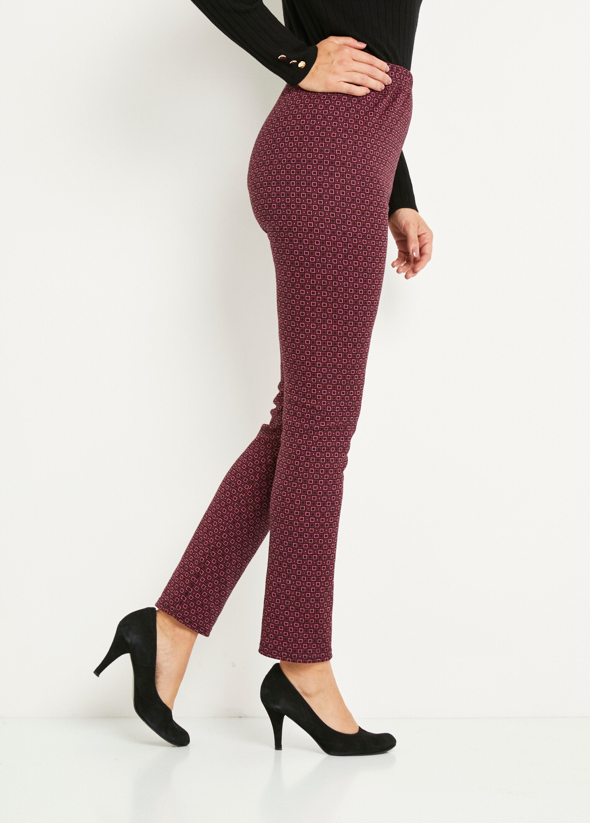 Pantalon_droit_fuselé_taille_élastiquée_jacquard_Rose_et_noir_DR1_slim