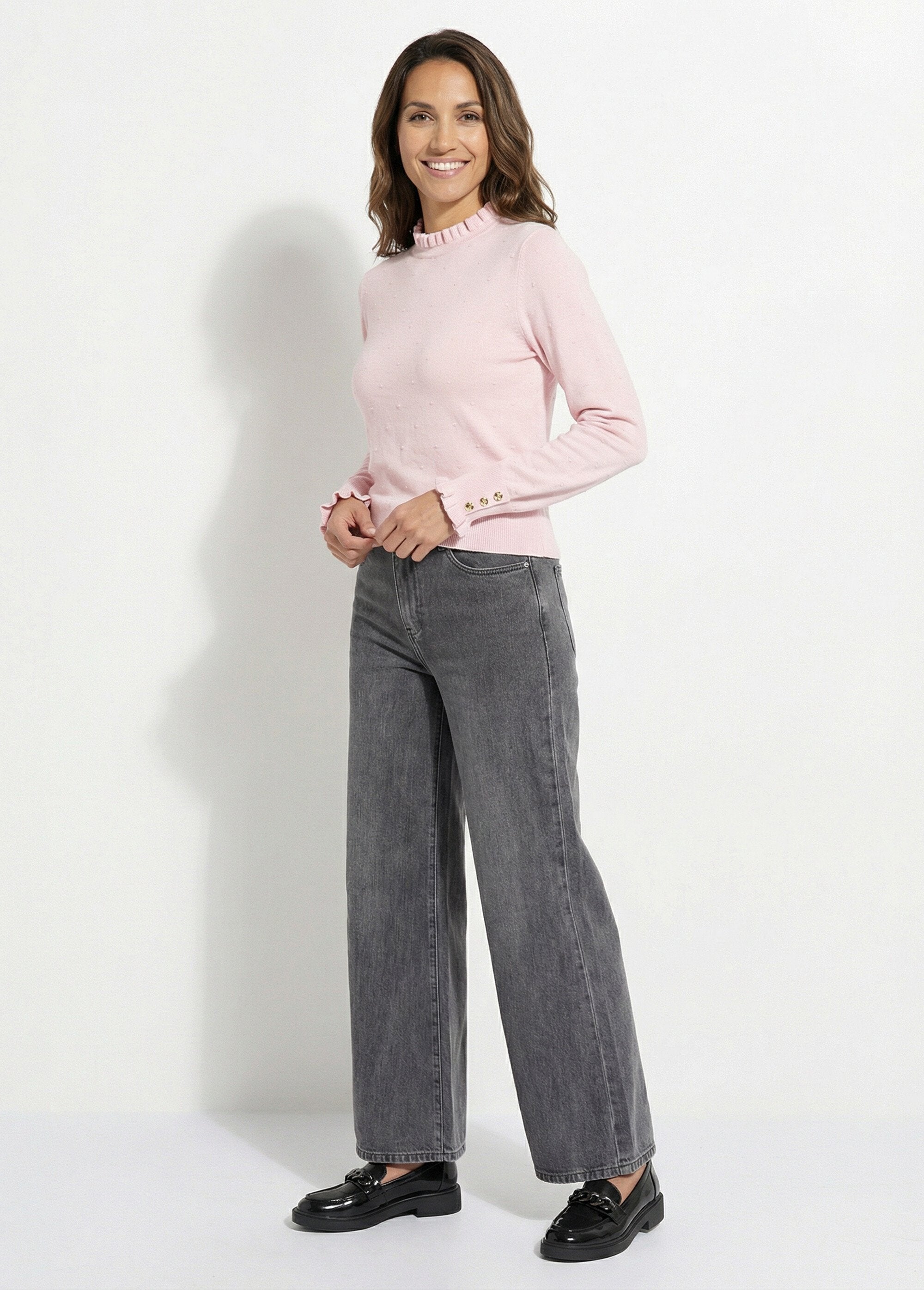 Pull_col_montant_plissé_maille_plumetis_Rose_SF1_slim