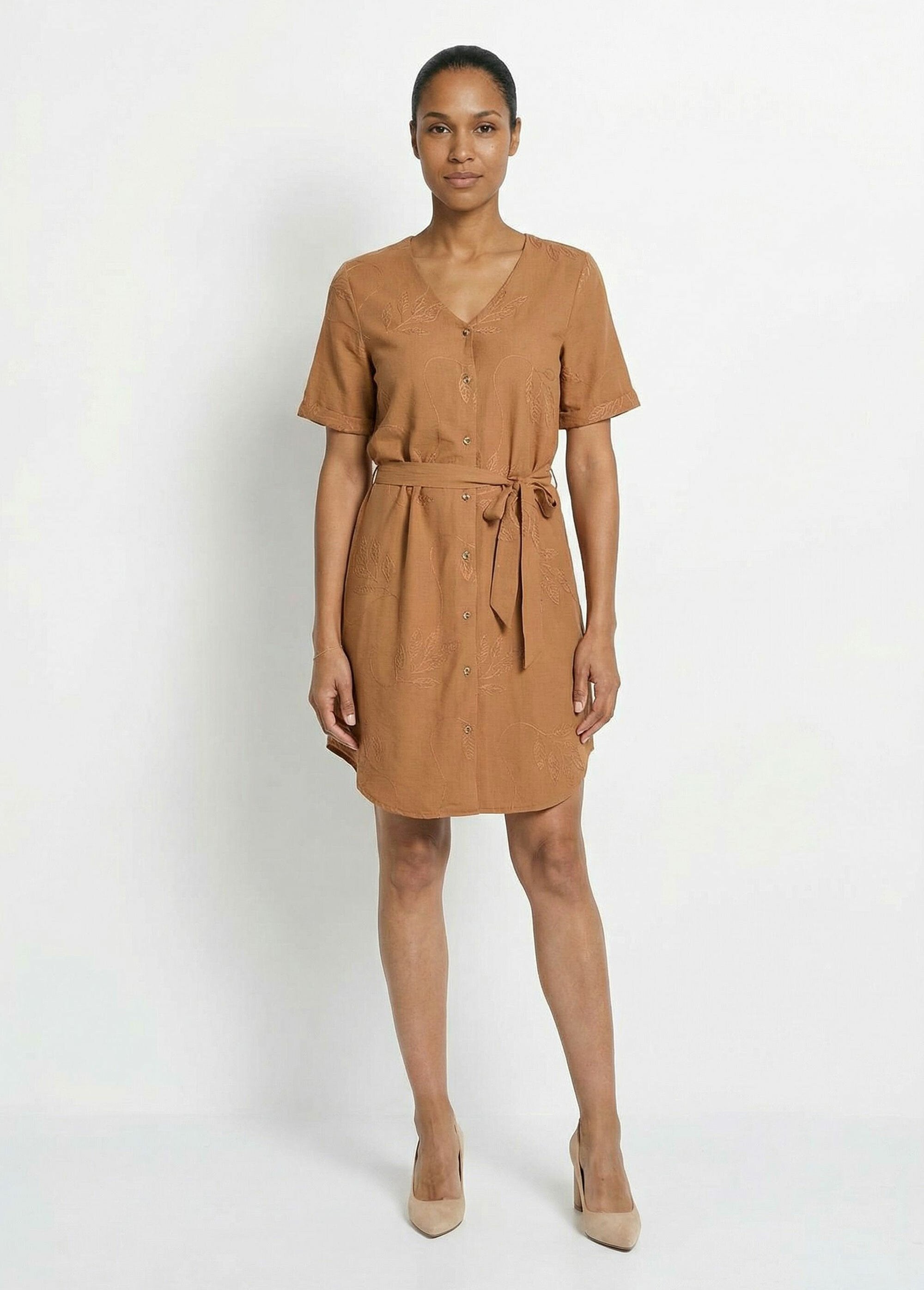 V-neck_shirt_dress,_embroidered_with_foliage_camel_SF1_slim