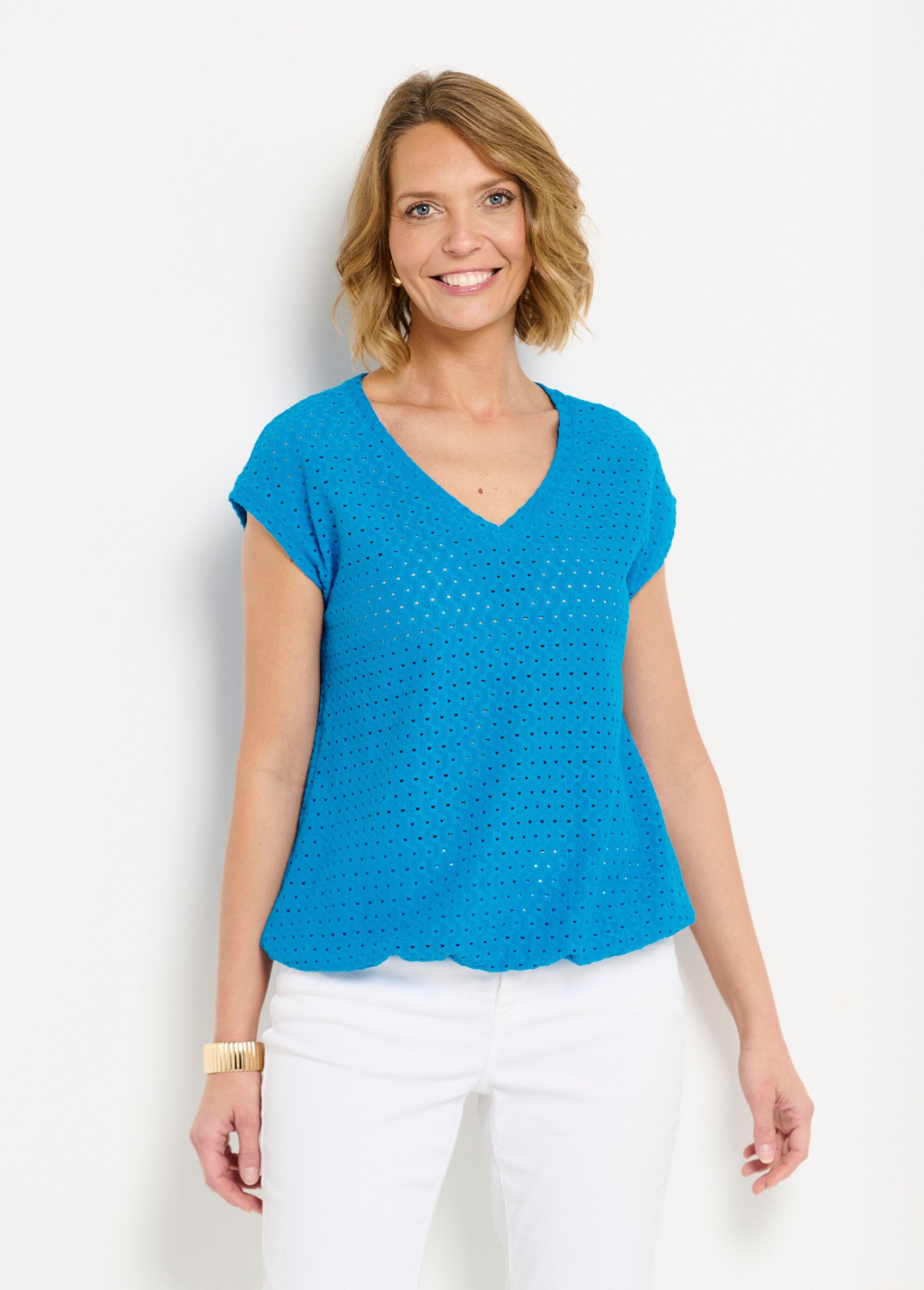 Loose_T-shirt_with_short_plain_V-neck_blouse_Turquoise_FA1_slim
