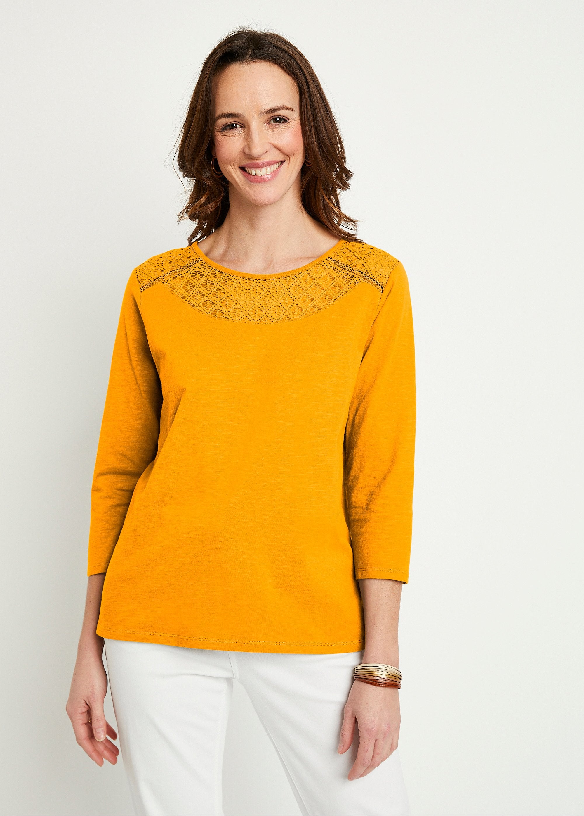 Cotton_and_lace_3/4_sleeve_t-shirt_Saffron_FA1_slim