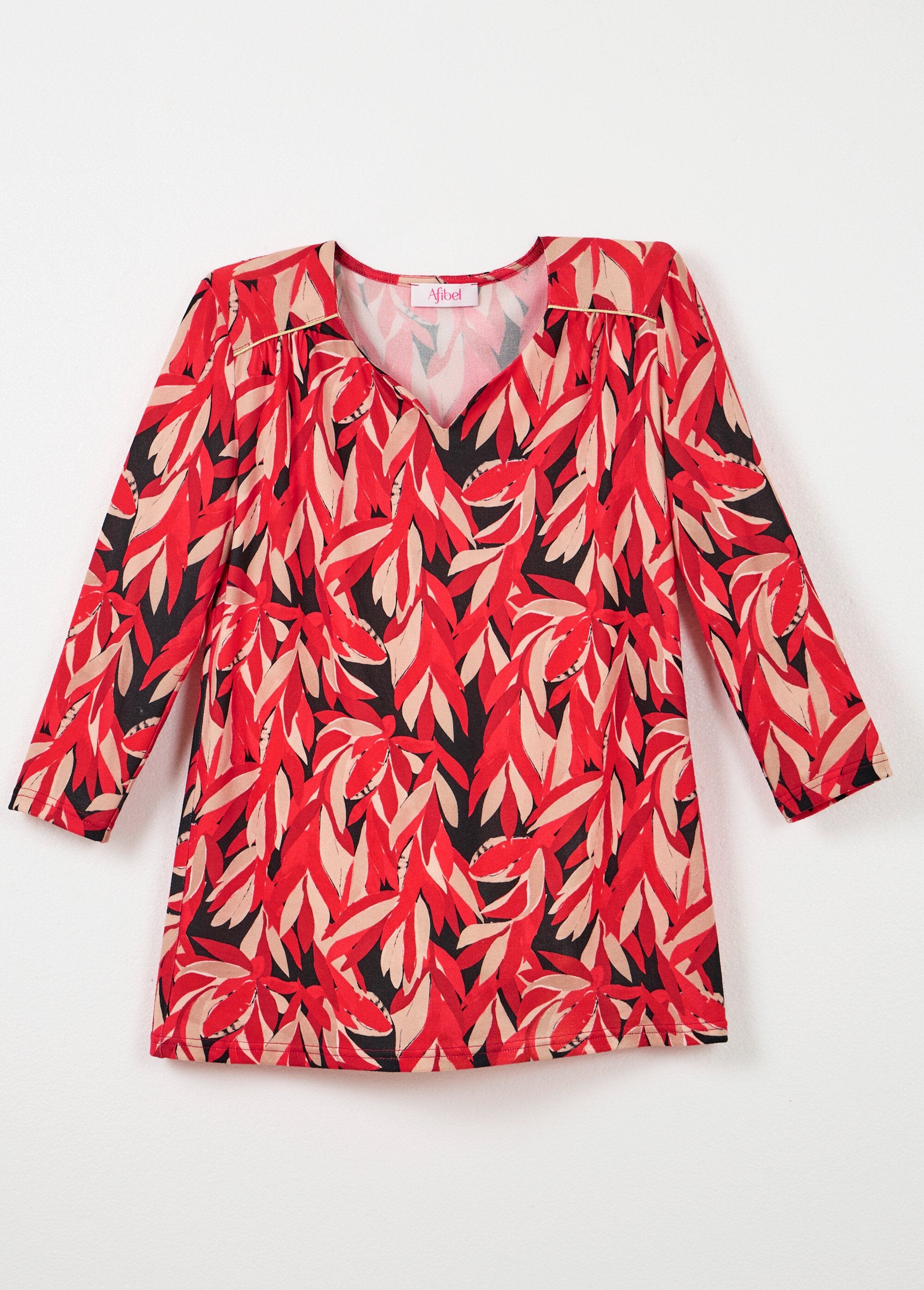 T-shirt_long_évasé_manches_3/4_col_rond_Imprime_rouge_AP1_slim