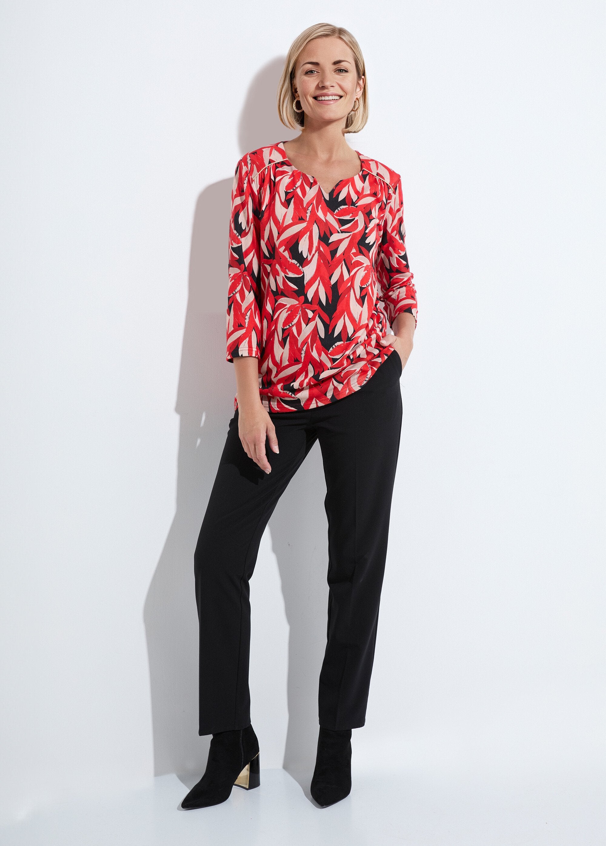 T-shirt_long_évasé_manches_3/4_col_rond_Imprime_rouge_SF1_slim