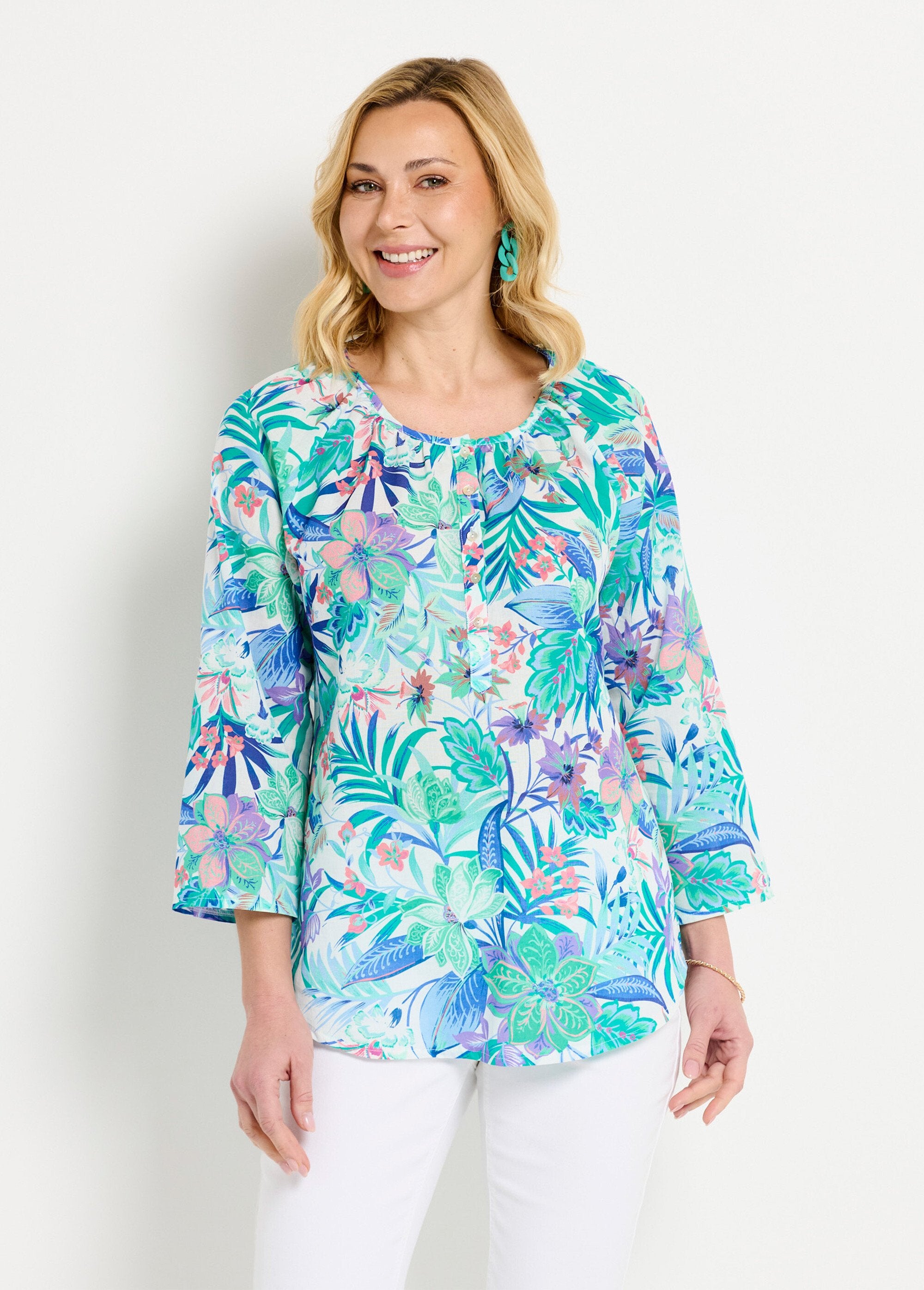 Loose_tunic_in_printed_cotton_voile_with_3/4_sleeves_Multicolor_FA1_slim